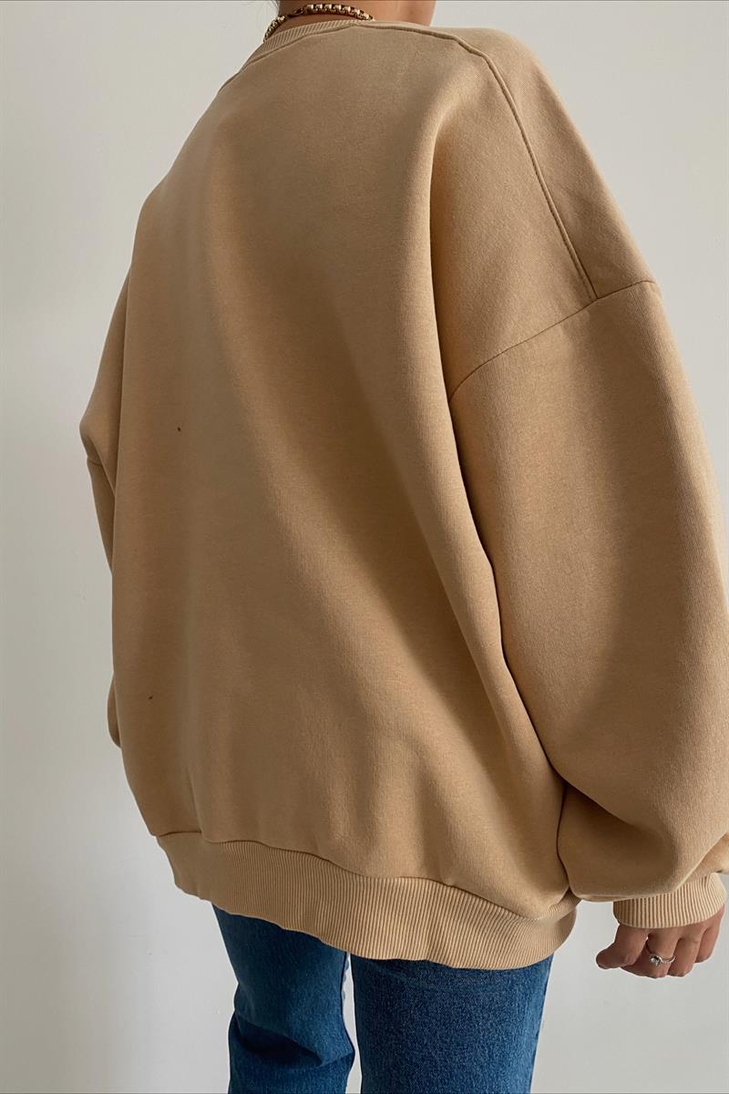 Ribanalı Bisiklet Yaka Basic Sweatshirt Camel · 2