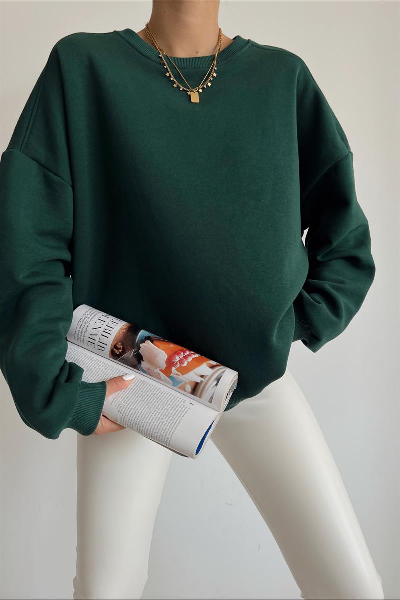 Ribanalı Bisiklet Yaka Basic Sweatshirt Zümrüt Yeşili · 2