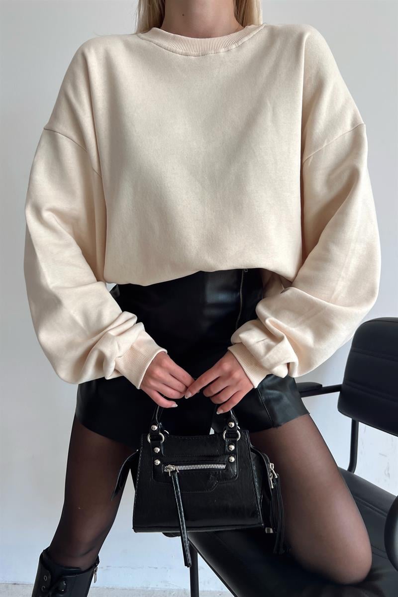 Ribanalı Bisiklet Yaka Basic Sweatshirt Krem