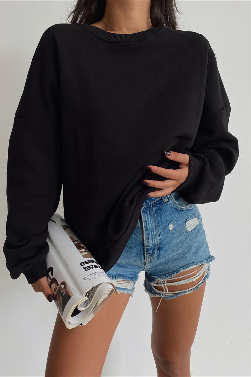 Ribanalı Bisiklet Yaka Basic Sweatshirt Siyah · 2