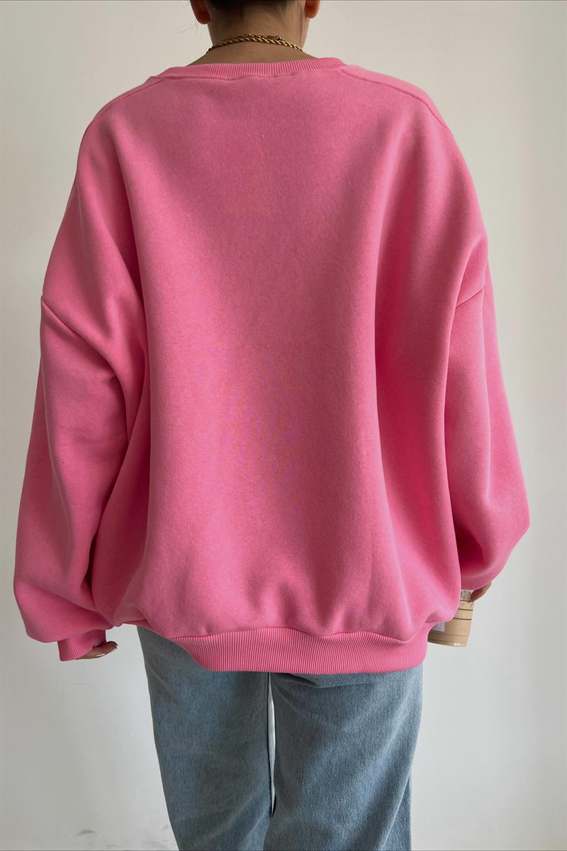 Ribanalı Bisiklet Yaka Basic Sweatshirt Pembe · 2