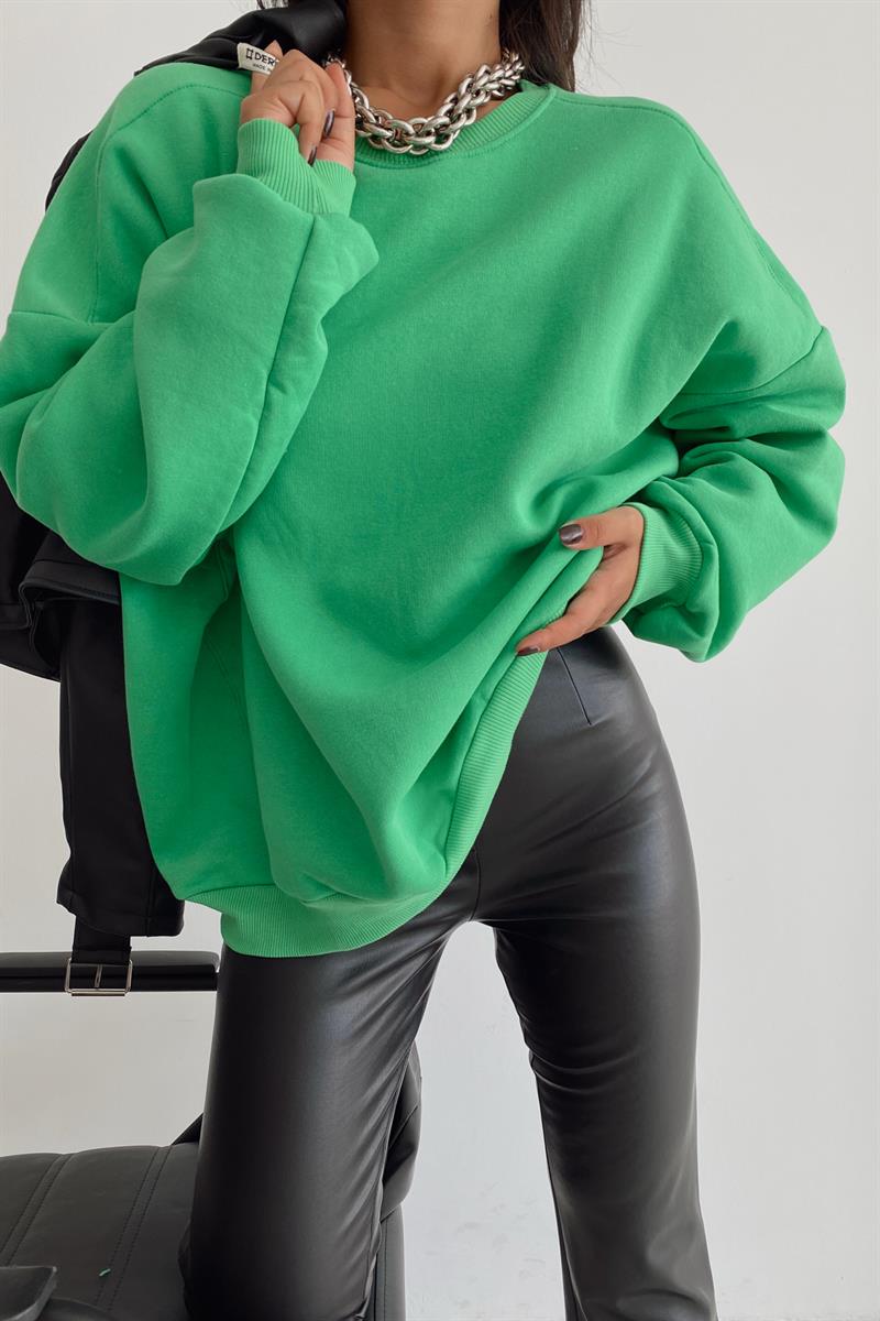 Ribanalı Bisiklet Yaka Basic Sweatshirt Yeşil