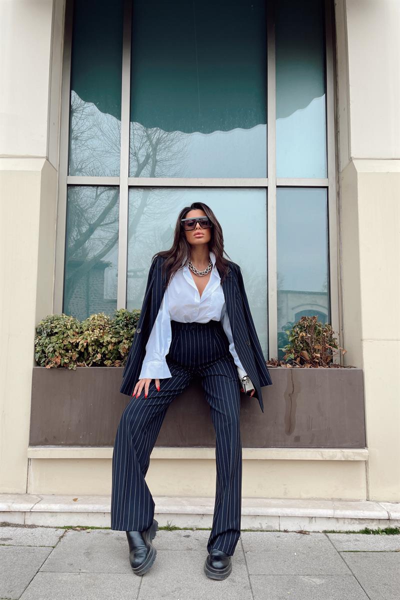 Çizgili Blazer Takım Lacivert