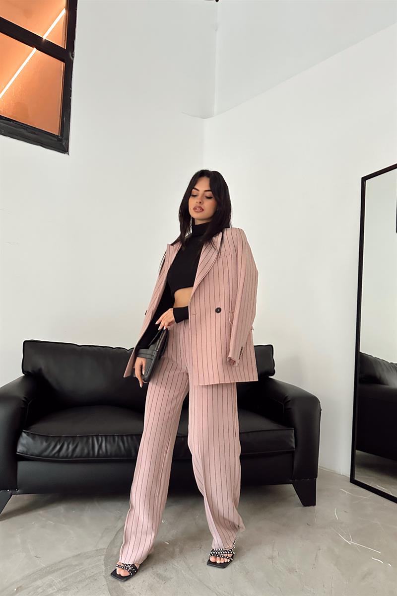 Derin Çizgili Blazer Takım Pudra · 4