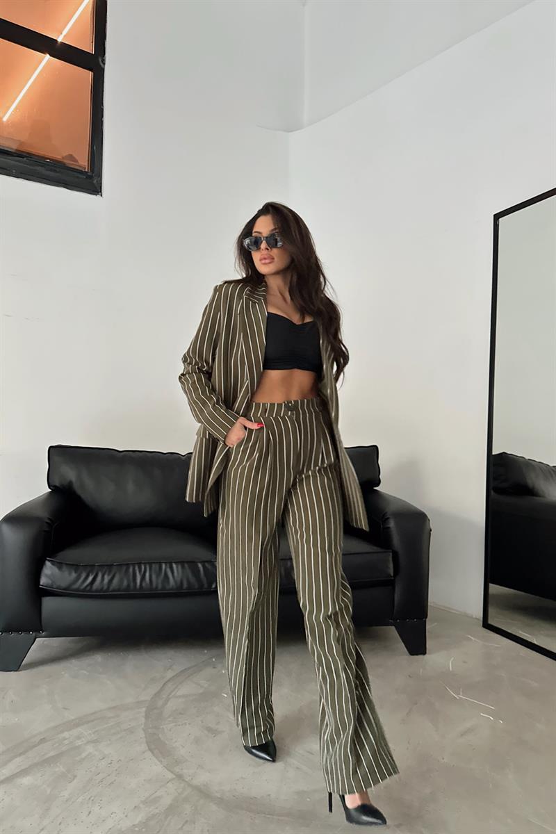 Derin Çizgili Blazer Takım Yeşil
