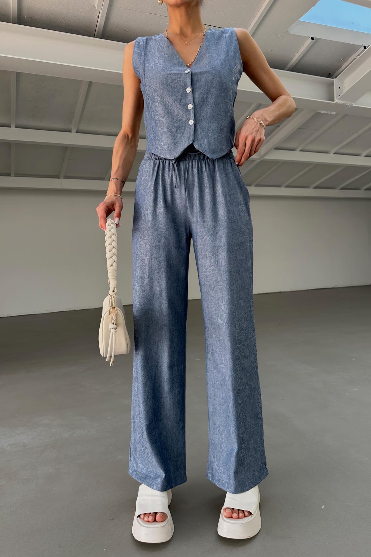 Etnik Desen Yelek Takım Turkuaz