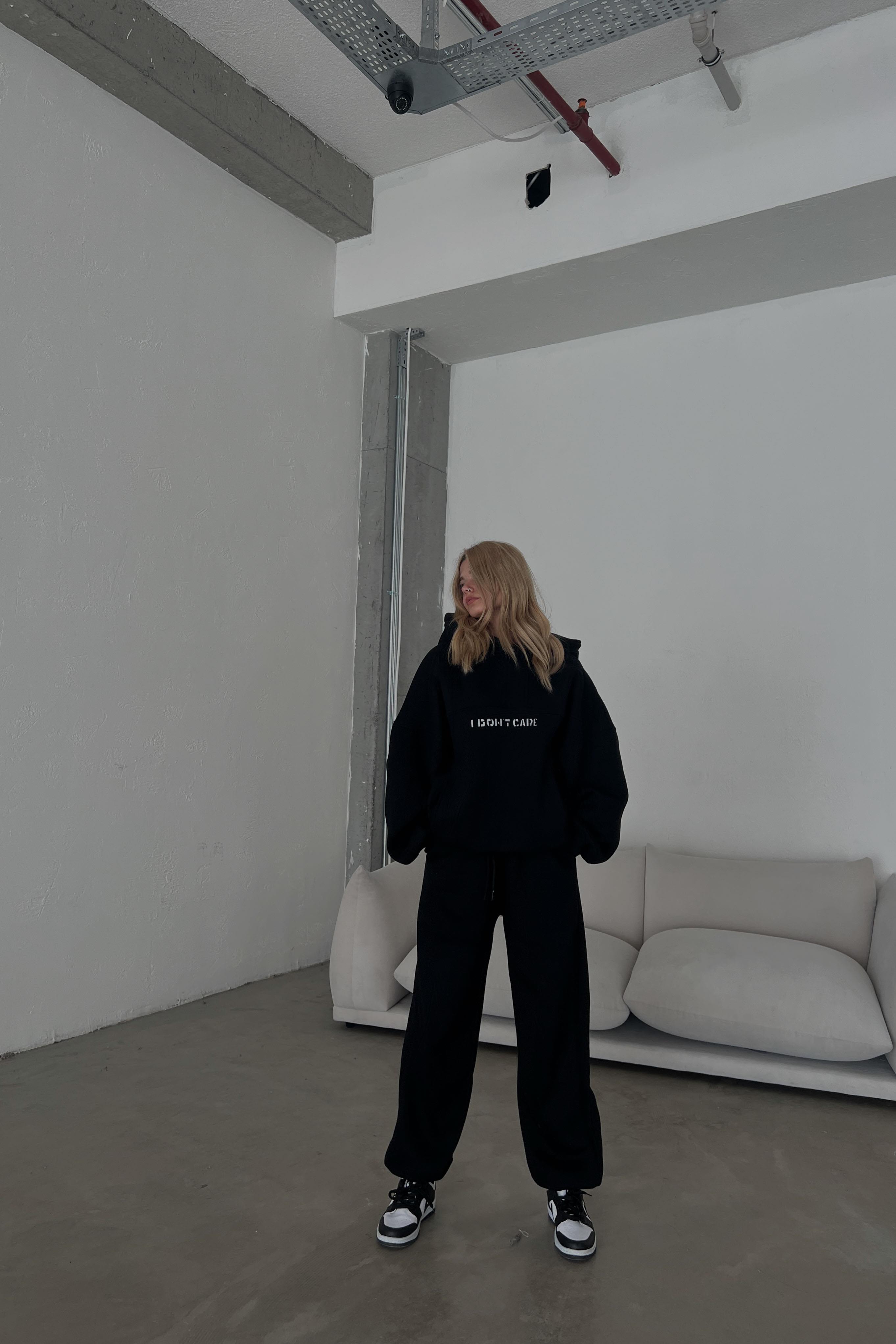 I Dont Care Nakışlı Oversize Takım Siyah