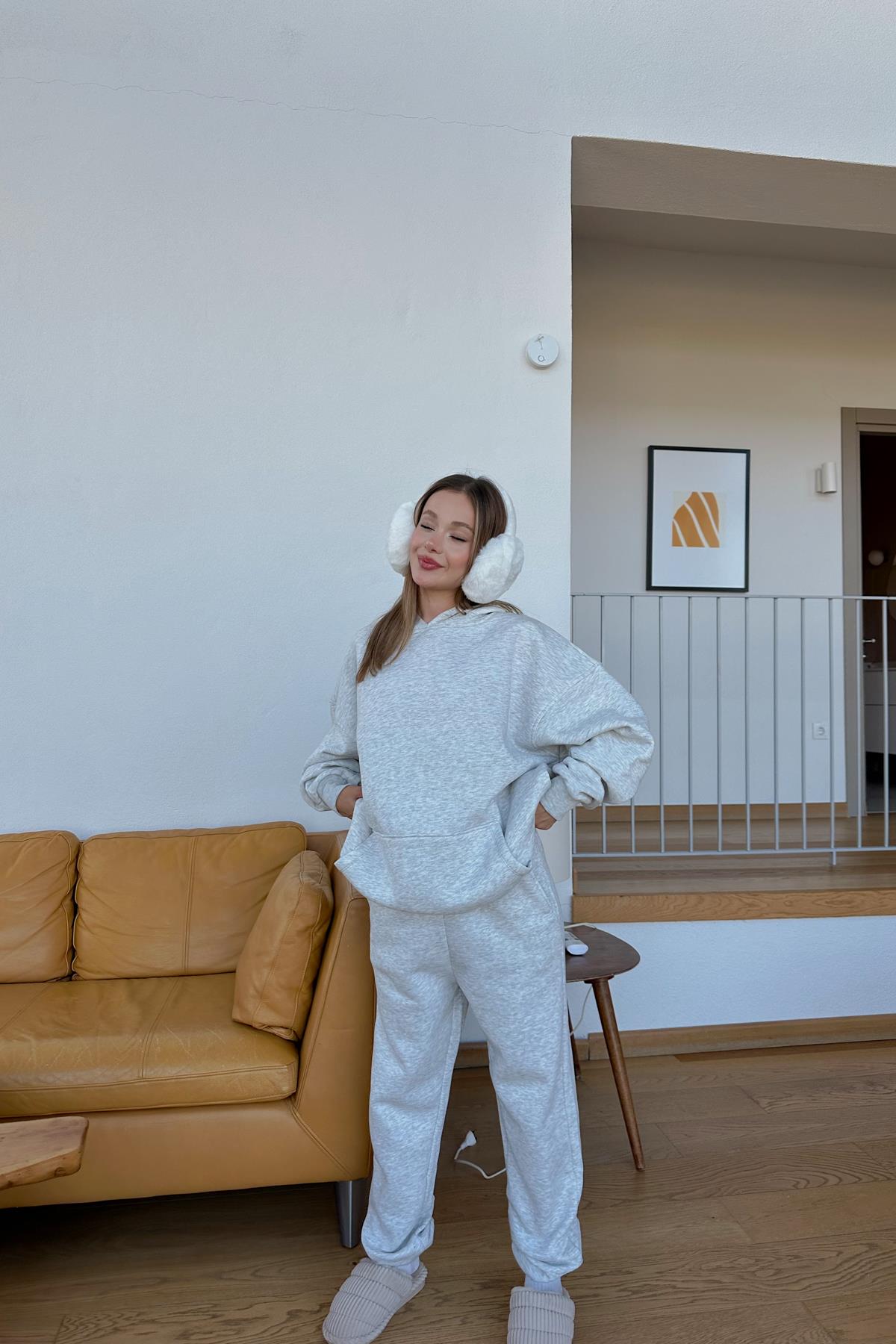 Kanguru Cepli Eşofman Takım Gri Melanj