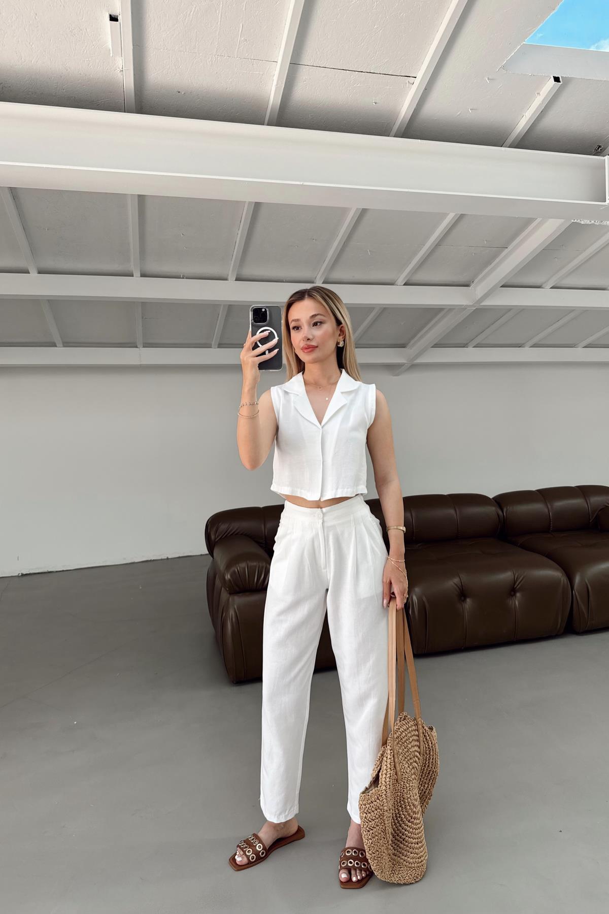 Keten Düğmeli Takım Beyaz