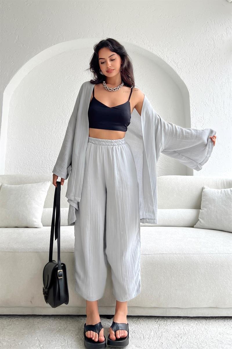 Keten Kimono Pantolon Takım Gri