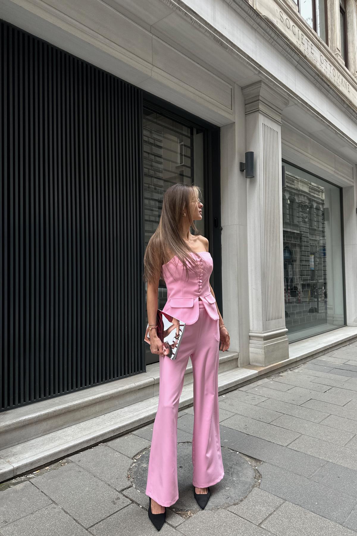 Mini Düğmeli Straplez Takım Pembe