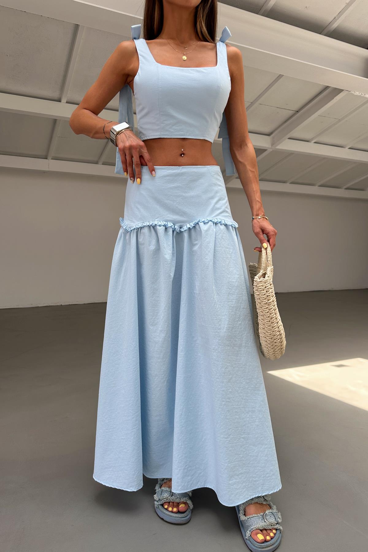 Poplin Omuz Fiyonklu Takım Mavi