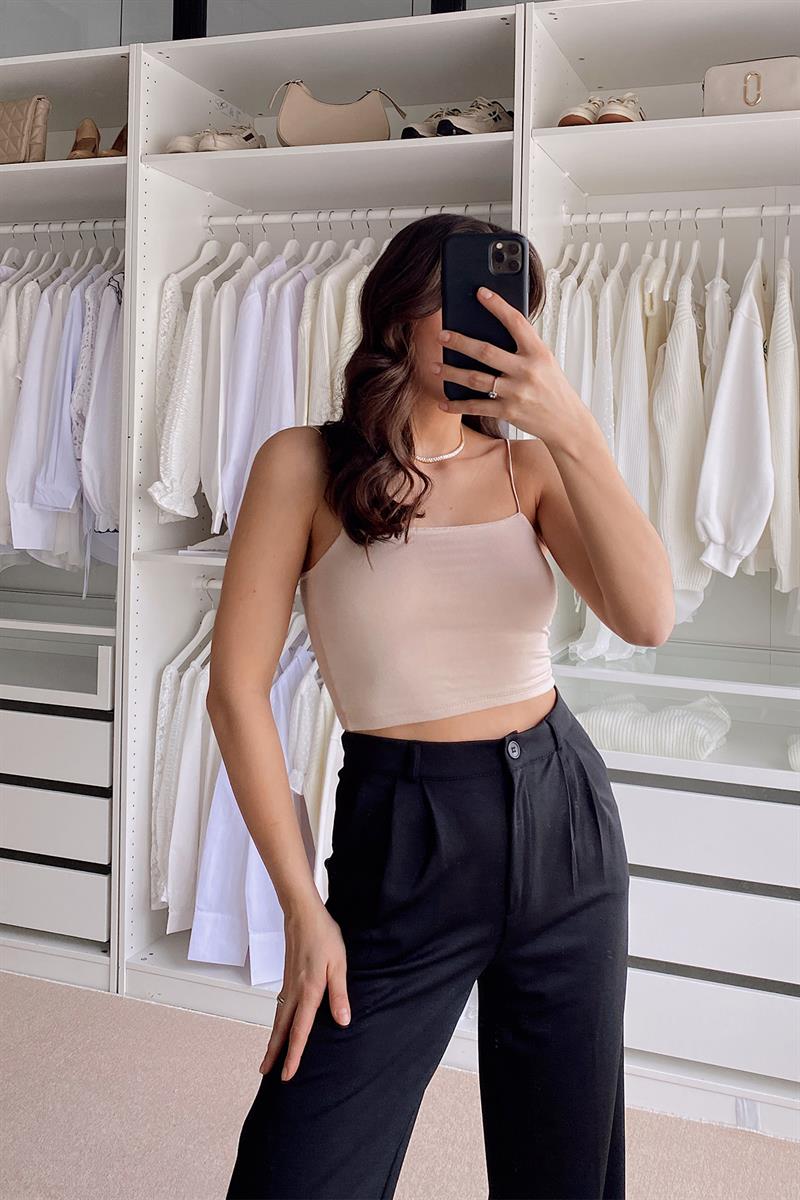 Basic İp Askılı Crop Top Taş