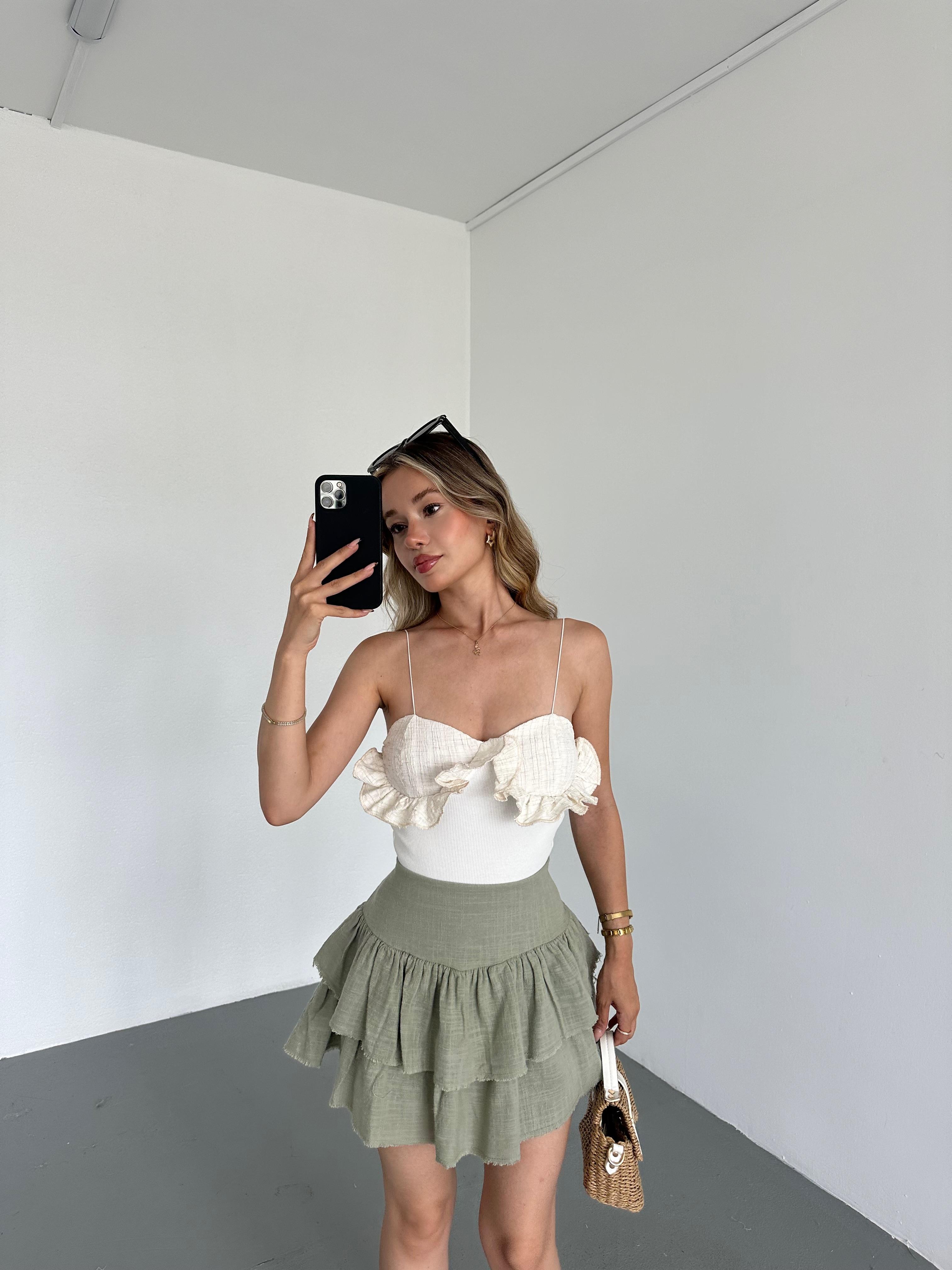 Keten Detaylı Kaşkorse Bodysuıt Taş