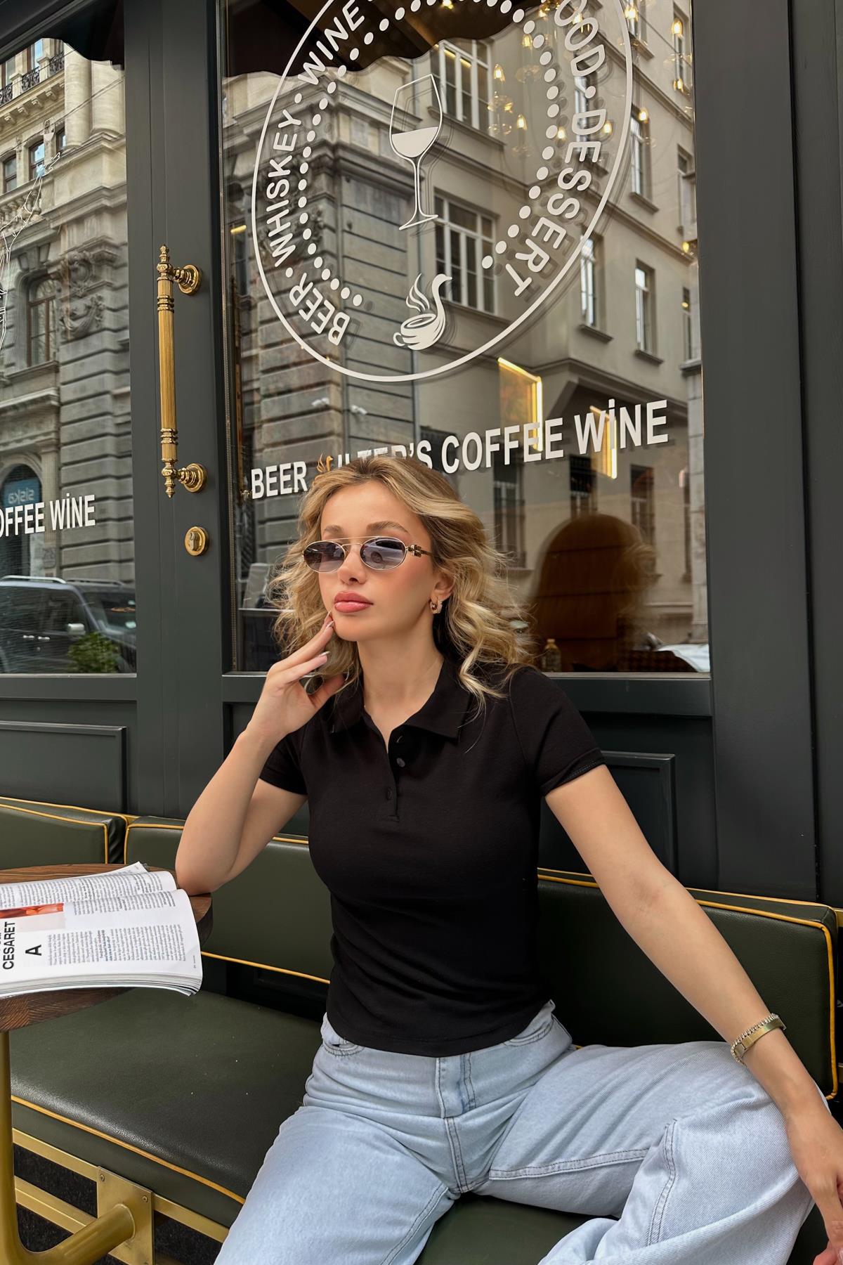 Polo Yaka Düğmeli Tshirt Siyah