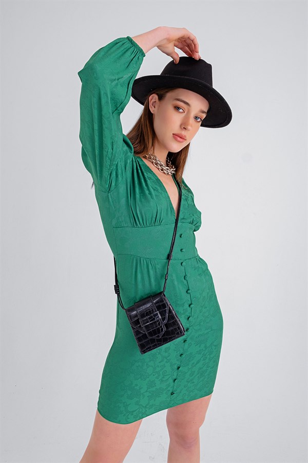 Düğme Detay Lisa Elbise Yeşil