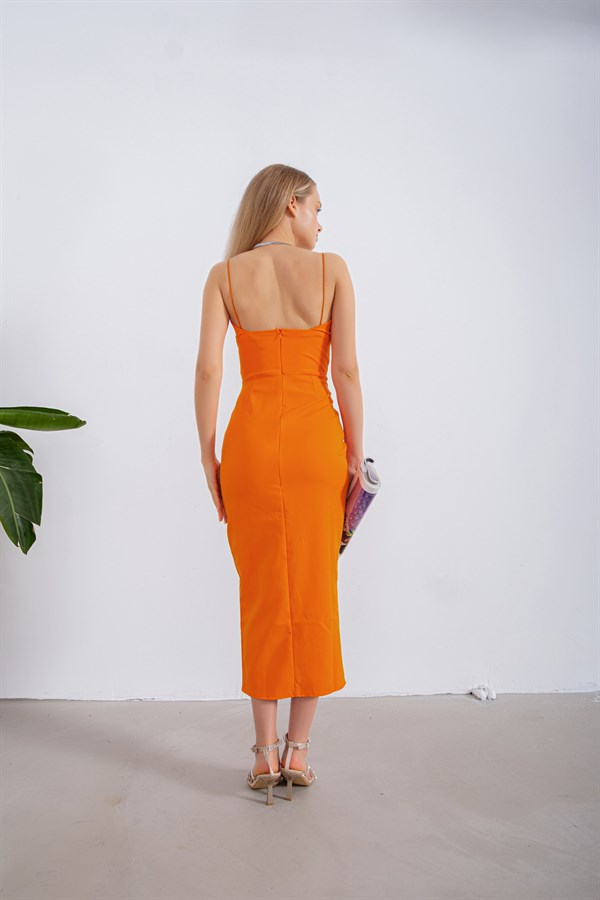 Kalp Yaka Lover Midi Elbise Oranj