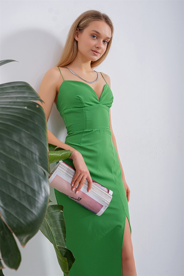 Kalp Yaka Lover Midi Elbise Yeşil