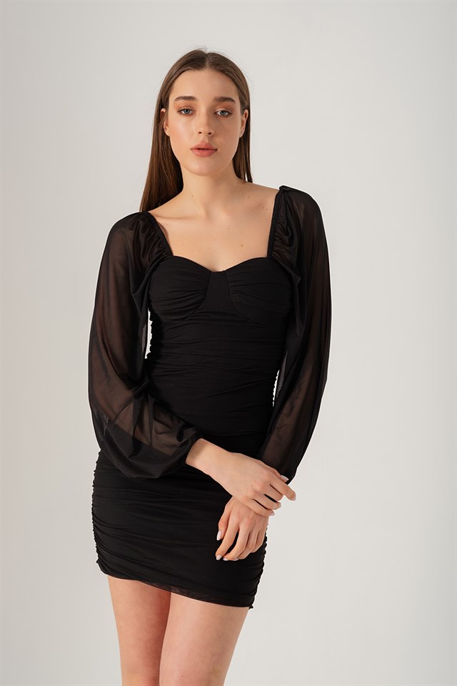 Kadın Tül Kol Büzgülü Elbise Siyah - MyLove Butik