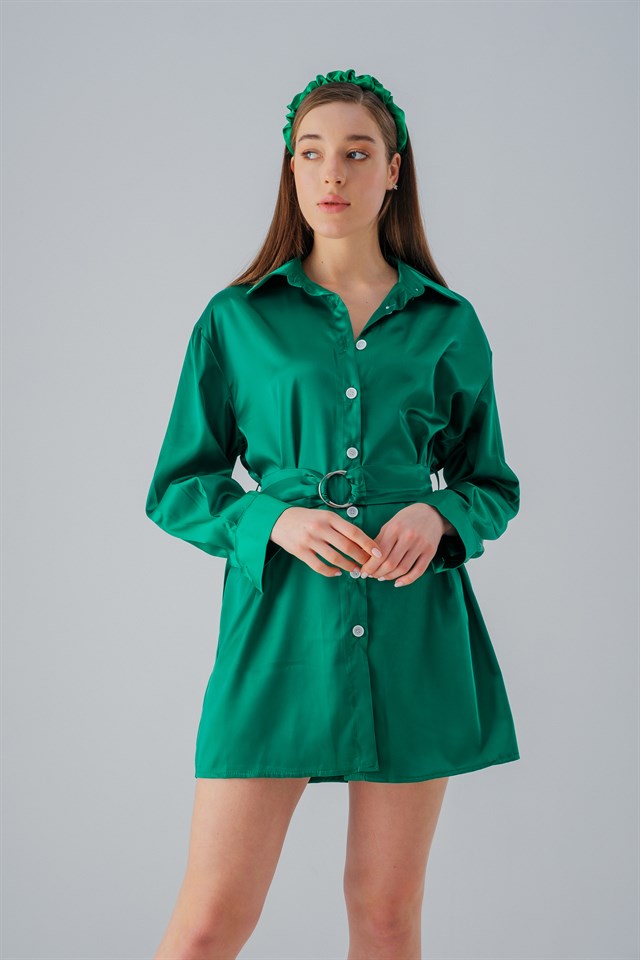Saten Gömlek Elbise Yeşil