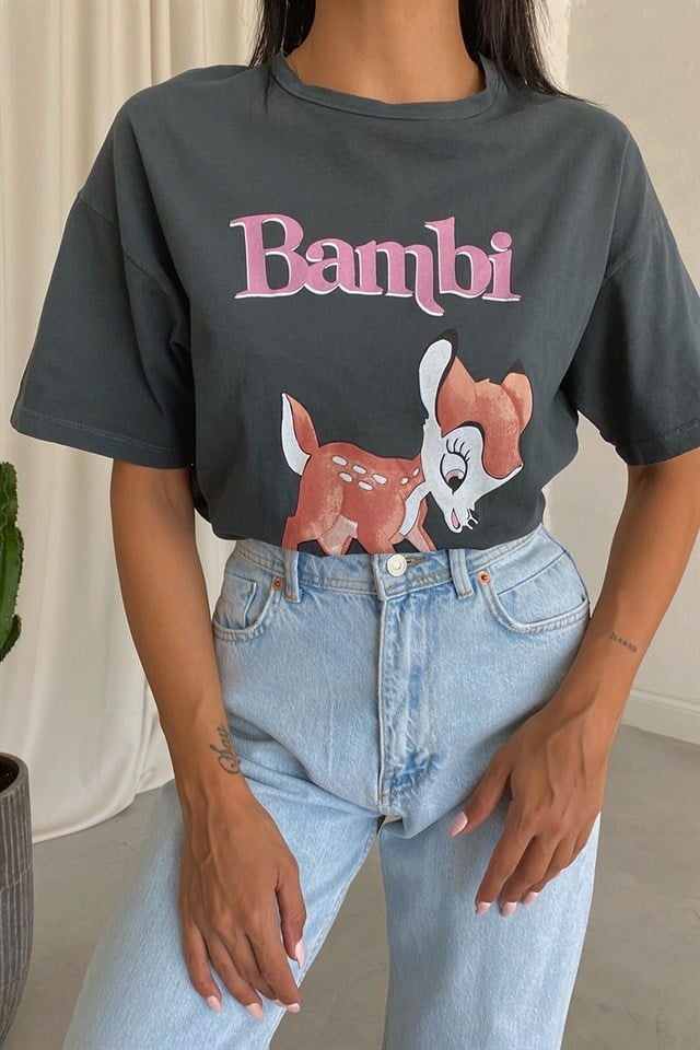 Bambi Yıkamalı T-Shirt Füme