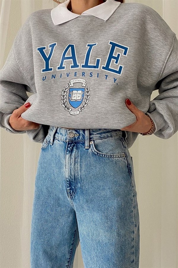 Yaka Detay Yale Sweatshirt Gri