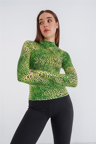 Leopar Desenli Dik Yaka Bluz Yeşil