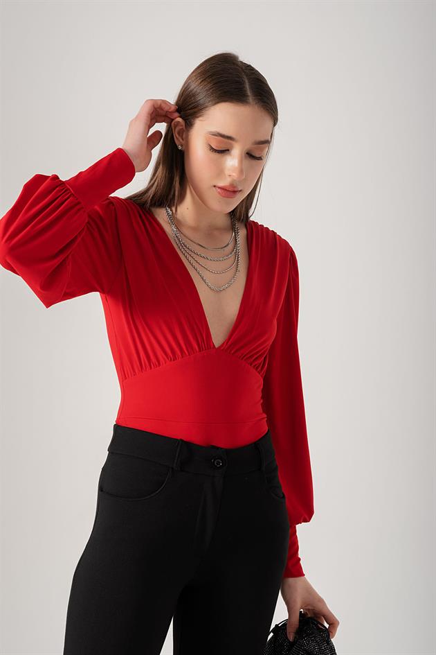 Derin Yaka Bodysuit Kırmızı