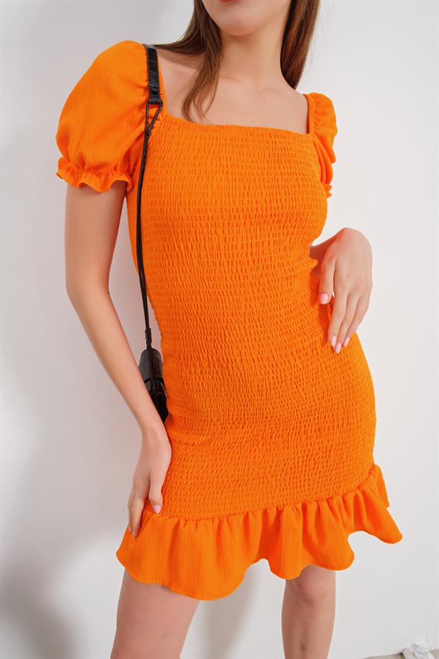 Gipe Detay Volanlı Elbise Oranj