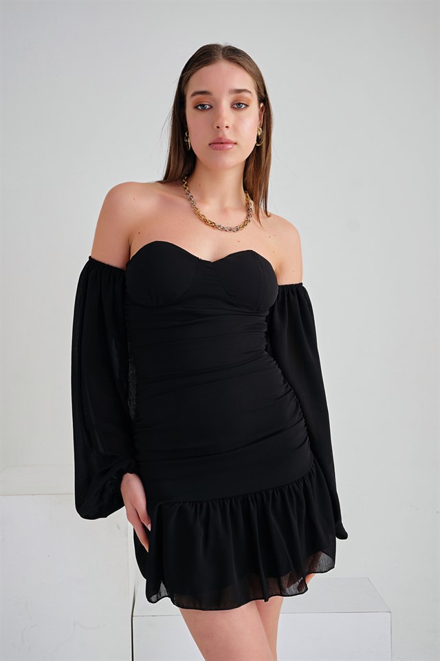 Balon Kol Büzgülü Amber Elbise Siyah