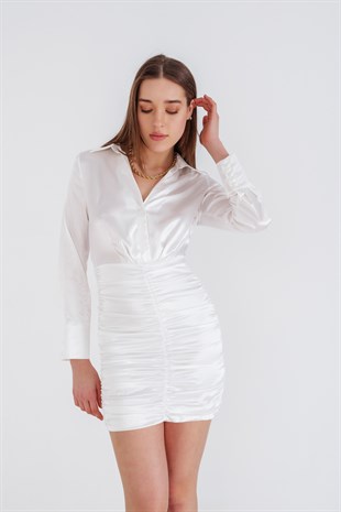 Büzgülü Saten Elbise Beyaz