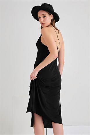 Çapraz İp Askılı Midi Elbise Siyah