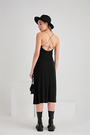 Kadın Çapraz İp Askılı Midi Elbise Siyah - MyLove Butik