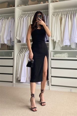 İp Askılı Yırtmaçlı Natalie Elbise Siyah
