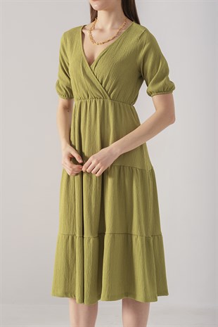 Kruvaze Yaka Salaş Elbise Fıstık Yeşili