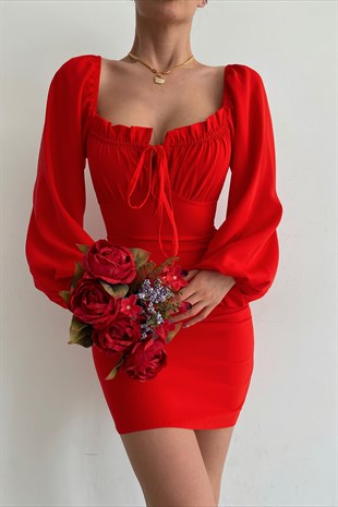 Şifon Amber Elbise Kırmızı