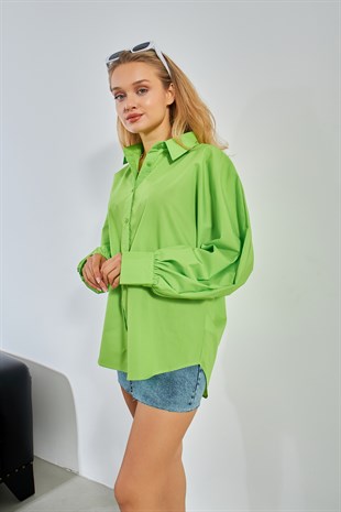 İnci Düğmeli Yarasa Kol Gömlek Fıstık Yeşili