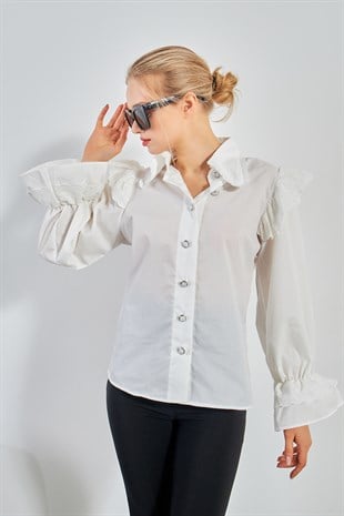 Kol Büzgülü Vintage Gömlek Beyaz