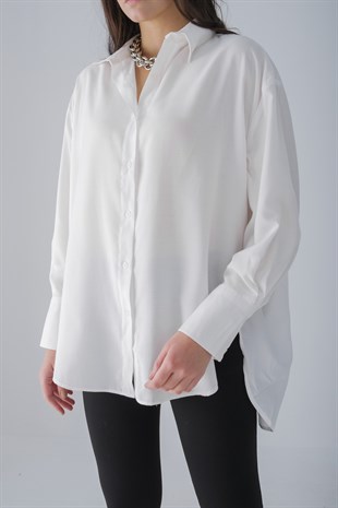 Oversize Fitilli Gömlek Beyaz