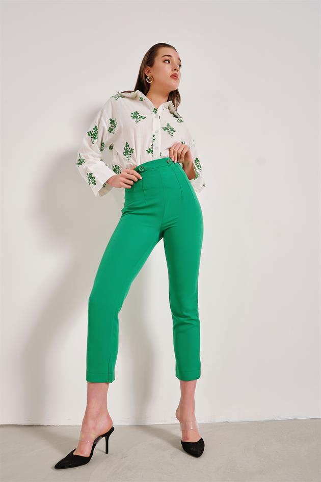 Bel Düğmeli Klasik Pantolon Yeşil