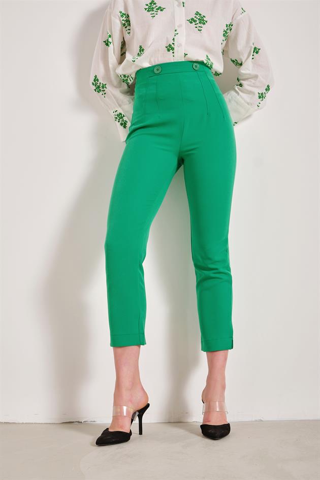 Bel Düğmeli Klasik Pantolon Yeşil
