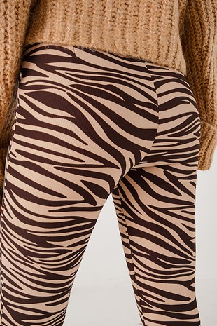 Yırtmaçlı Zebra Desenli Pantolon Kahve