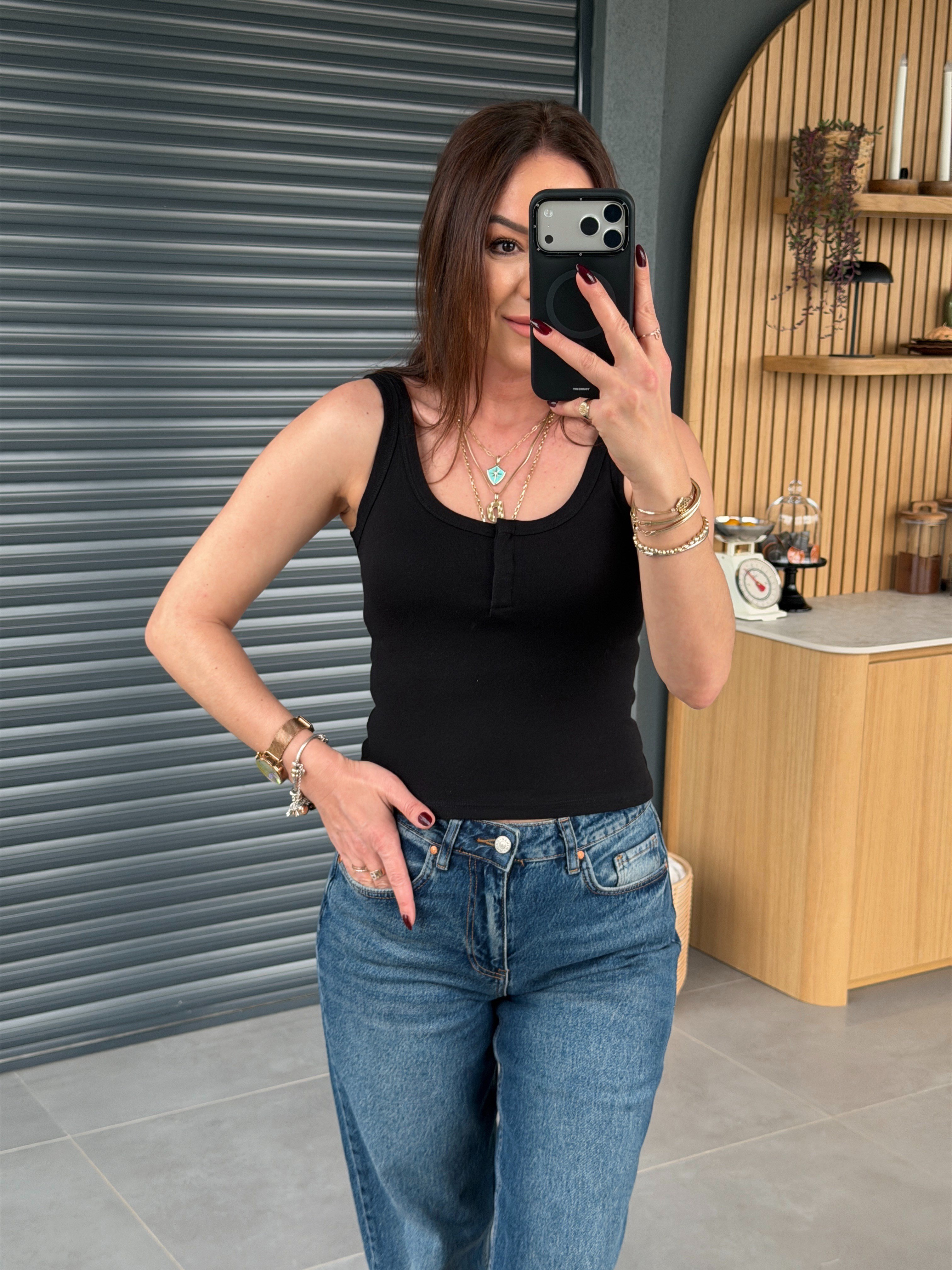 Askılı Çıtçıtlı Crop SİYAH