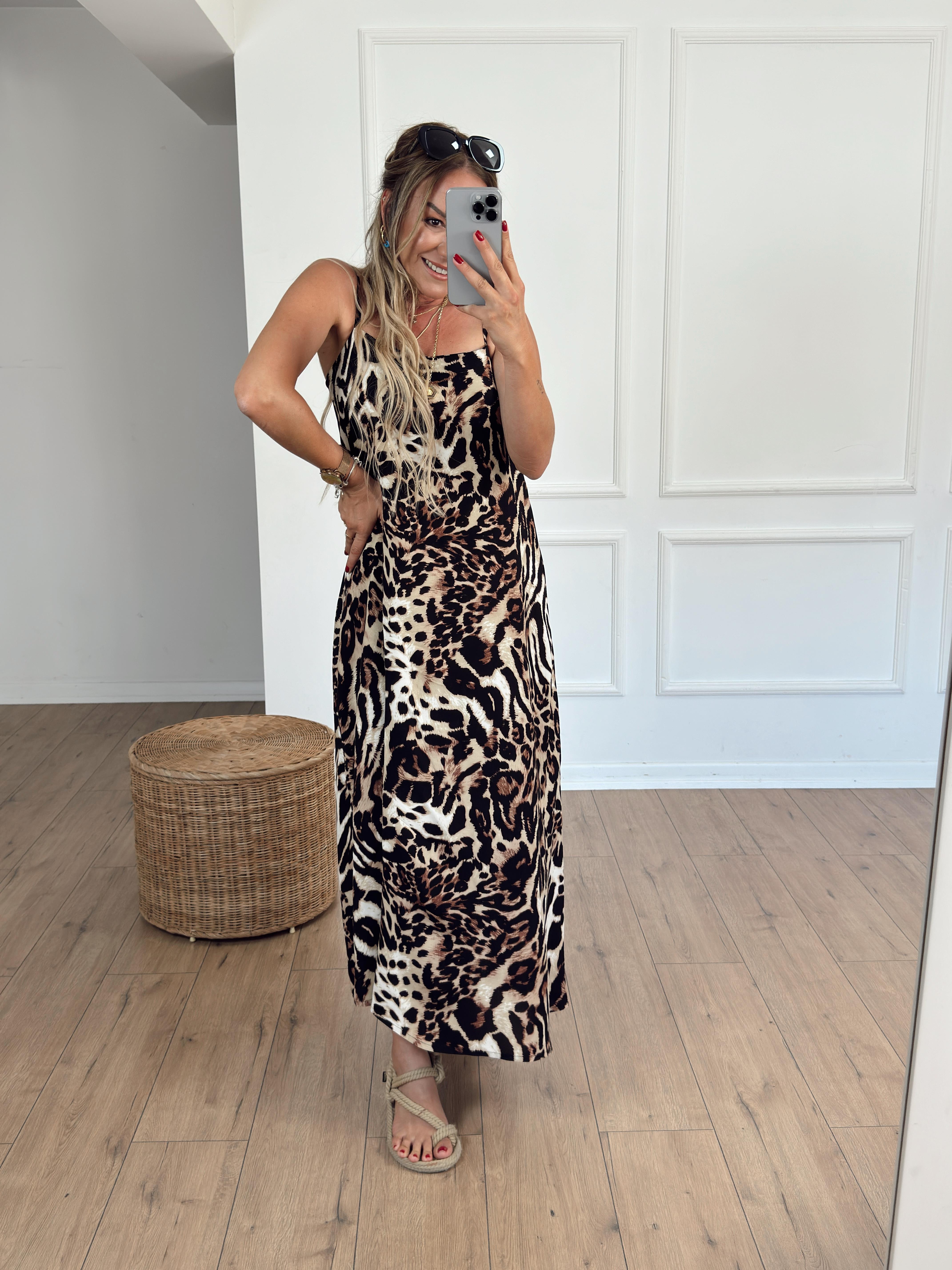 Askılı Leopar Desen Elbise KAHVE