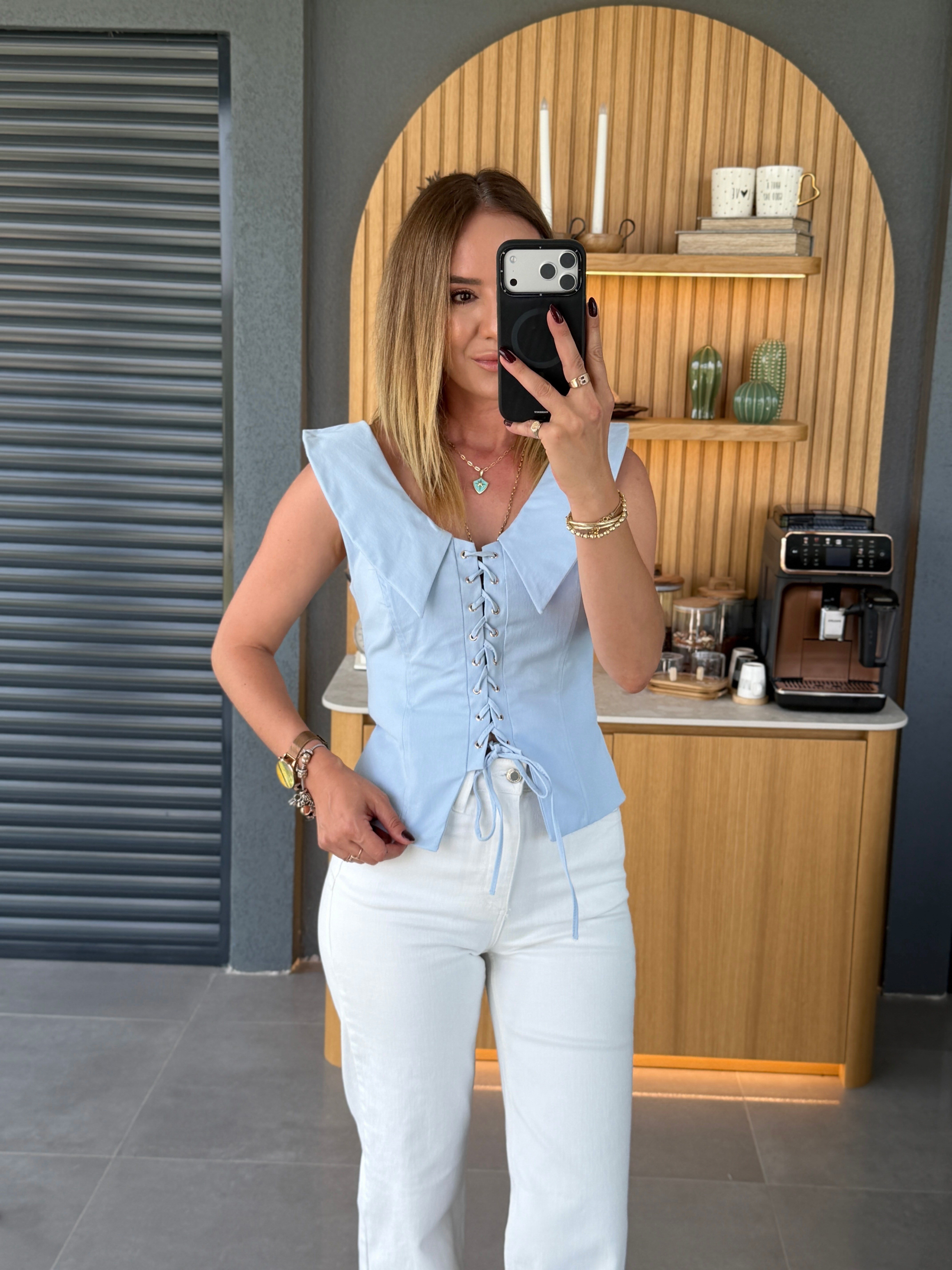 Bağcık Detaylı Bluz MAVİ