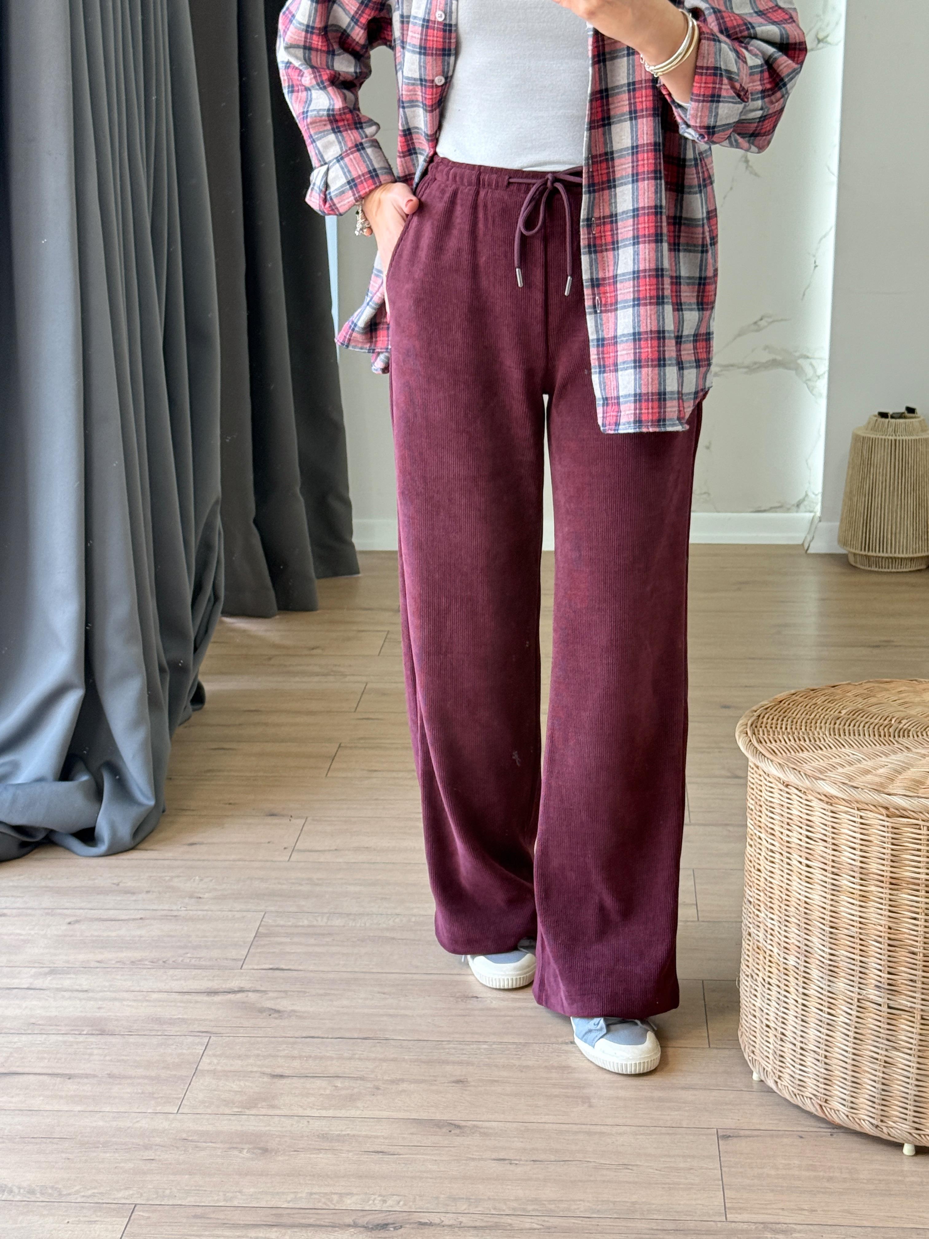 Beli Bağcıklı Fitilli Kadife Pantolon BORDO