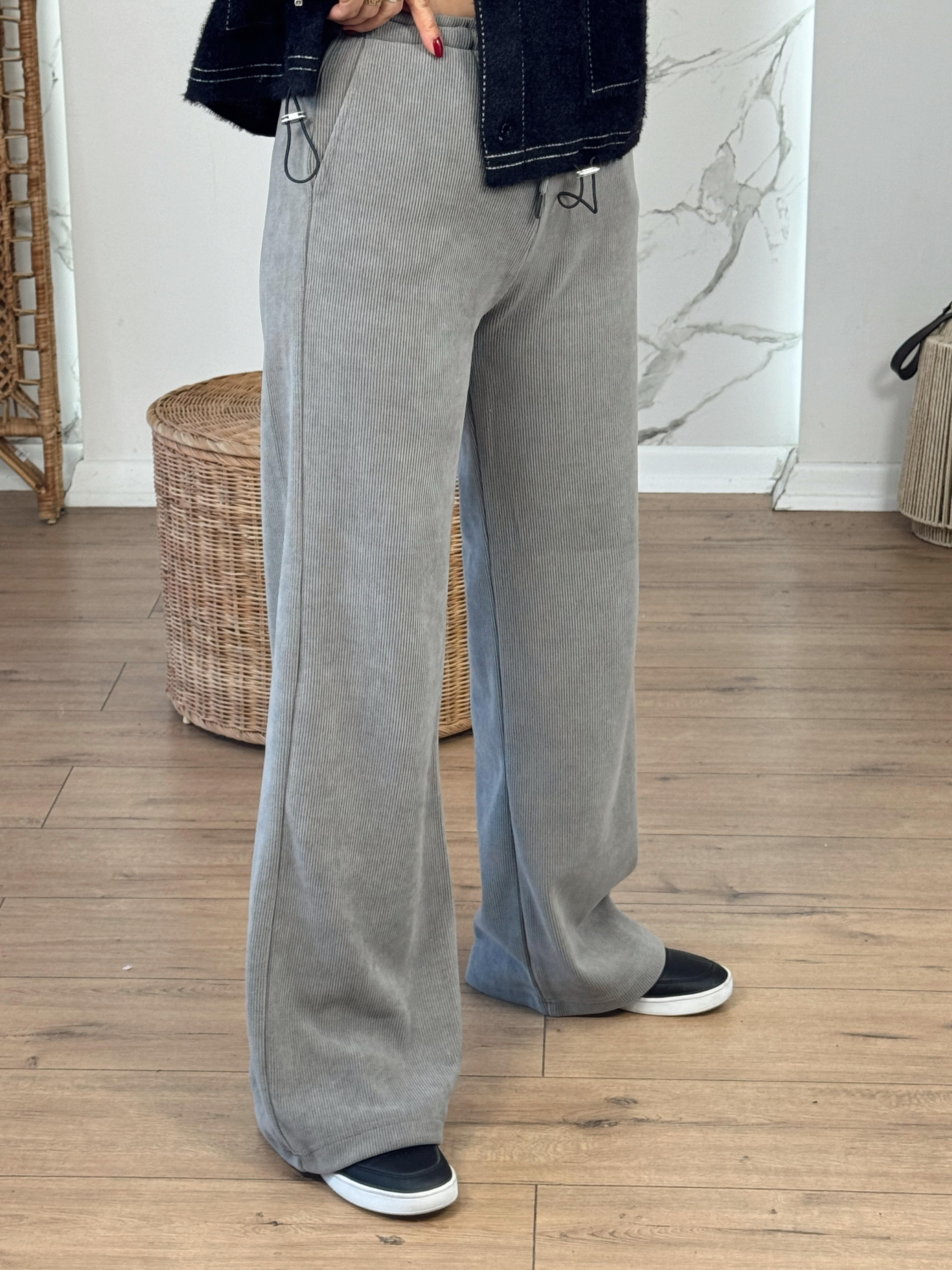 Beli Bağcıklı Fitilli Kadife Pantolon GRİ