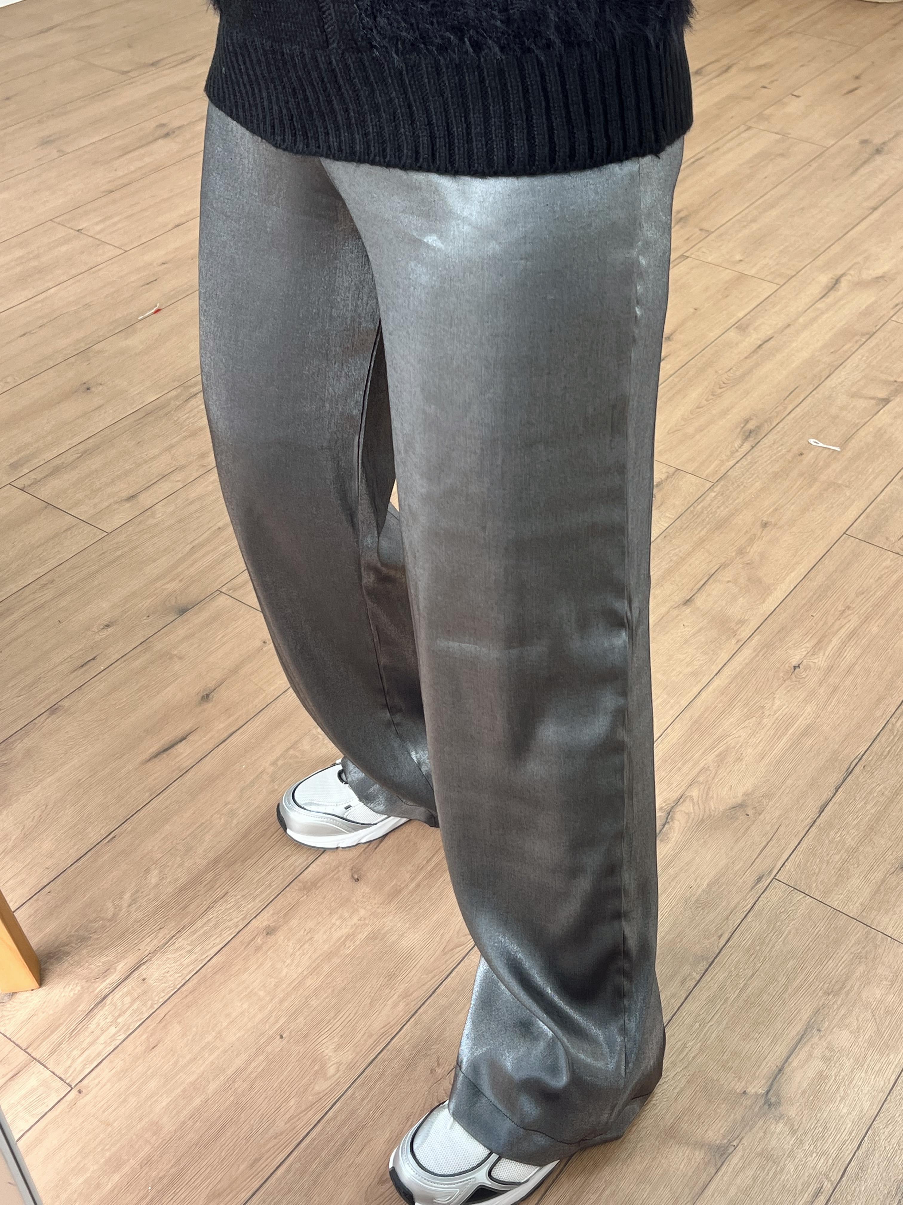 Beli Lastikli Parlak Saten Pantolon ANTRASİT