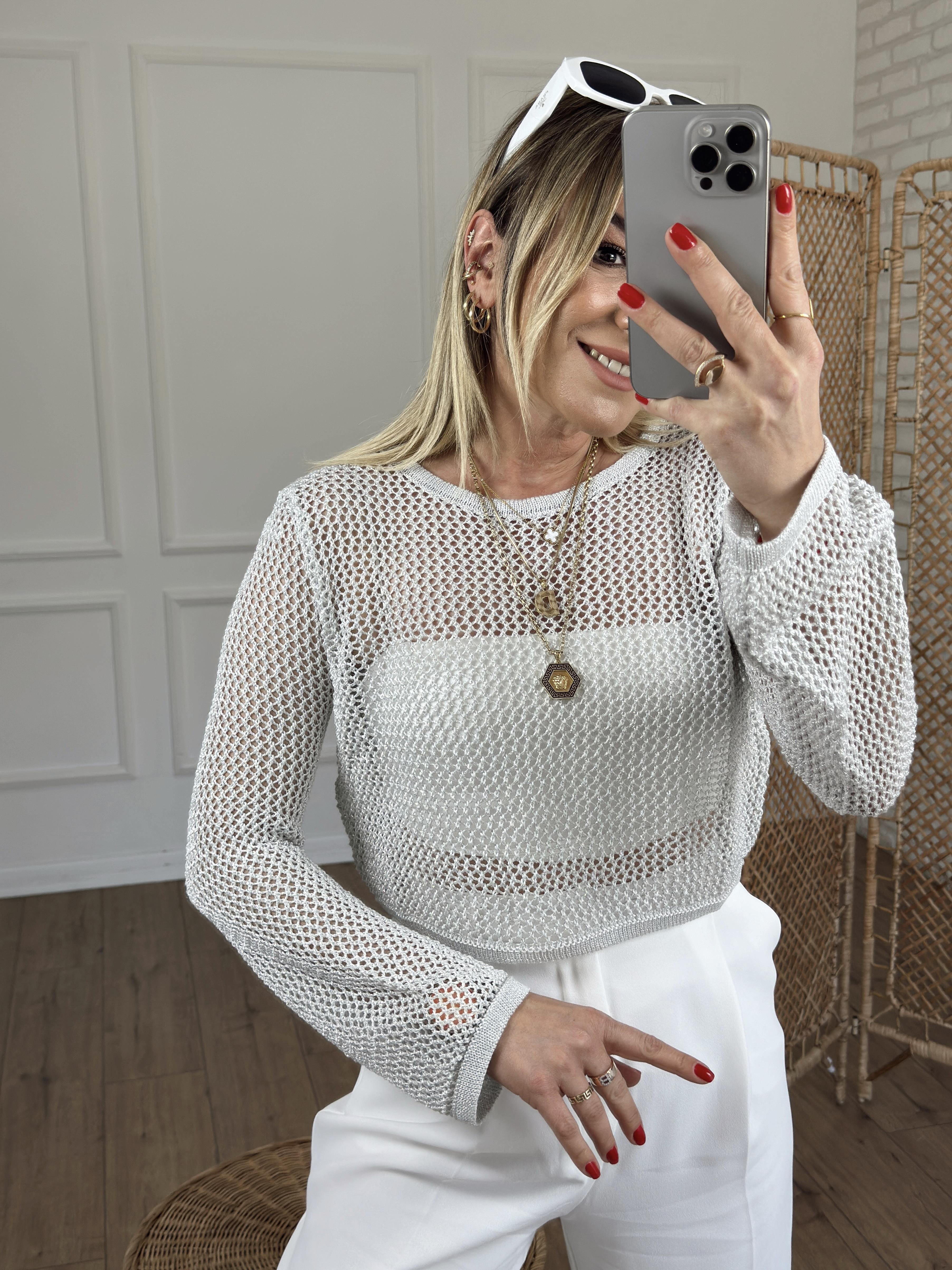 Bisiklet Yaka Ajur Desen Crop AÇIK GRİ