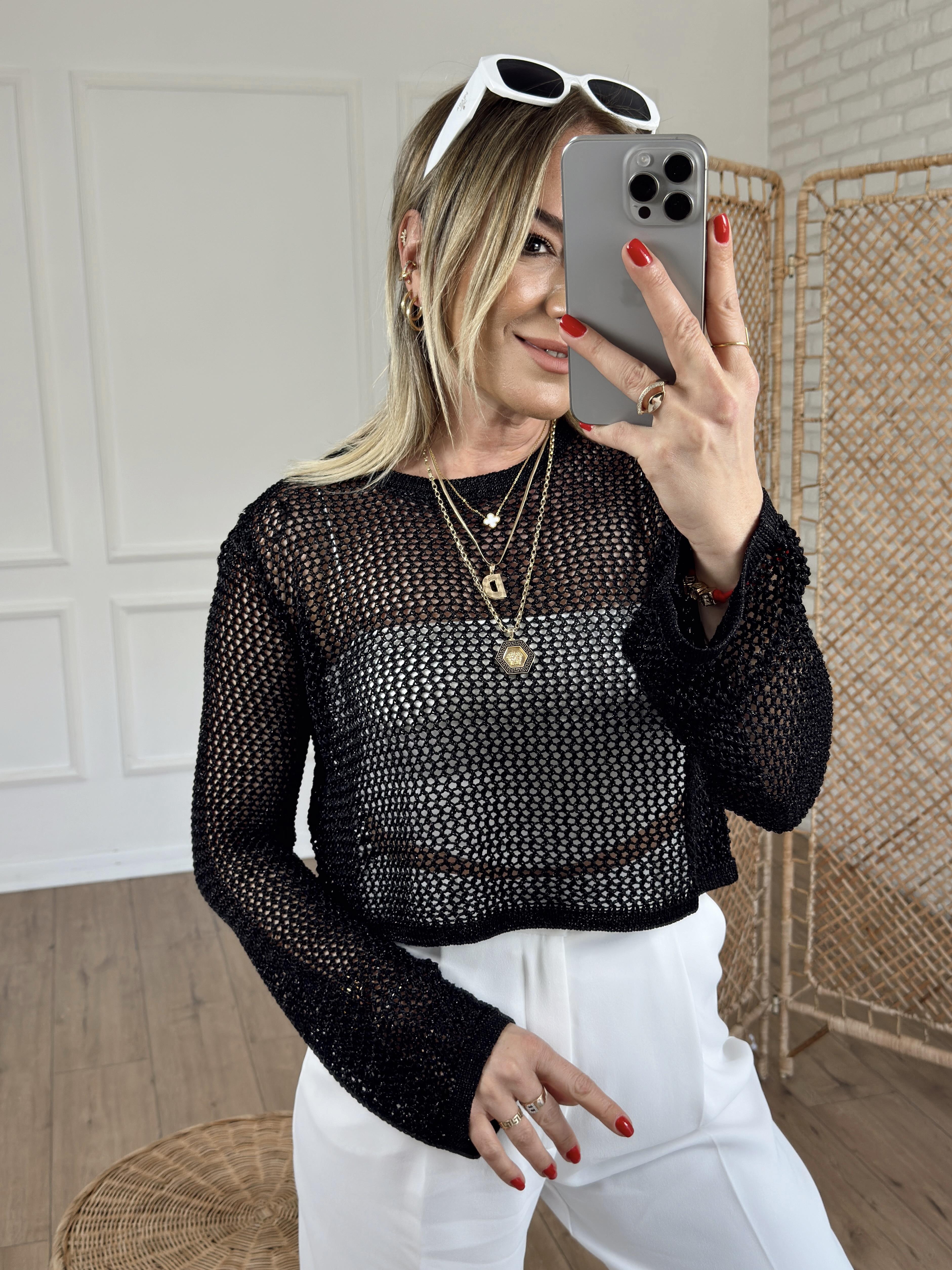 Bisiklet Yaka Ajur Desen Crop SİYAH